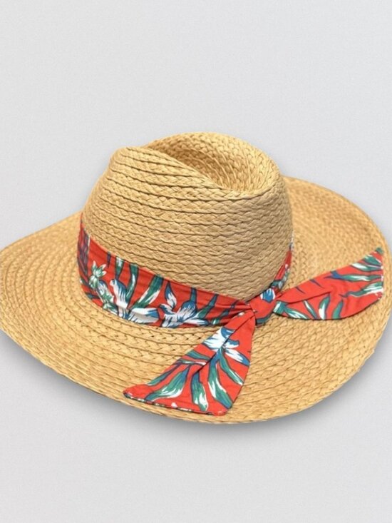 Vince Camuto Accessories - Tan Straw Sun Hat Tropical Floral Band Wide Brim Beach Resort Vacation